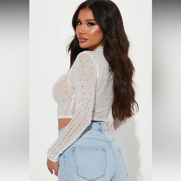 Fashion Nova RockStar Rhinestone Mesh Sheer Crop Top in Nude - Size S - Picture 2 of 7